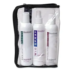 A bag of hair products with spray, conditioner and wax.